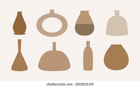 Various ceramic Vases. Different shapes. Colored silhouettes. Antique, ancient ceramics. Pottery concept. Stamp texture. Hand drawn Vector set. Trendy illustration. All elements are isolated