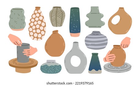 Various ceramic Vases. Different shapes. Pottery workshop, pottery wheel. Hand drawn Vector set. Trendy illustration.