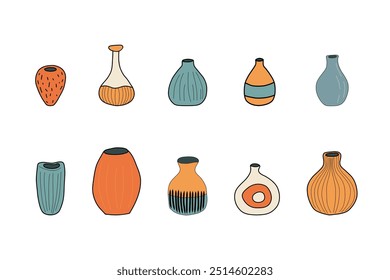 Vários vasos de cerâmica Definido em diferentes formas. Ilustração Vetor desenhada à mão, isolada sobre fundo branco. Ilustração na moda.