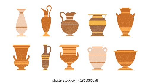 Various ceramic vases vector illustration set. Ancient greek pottery amphorae. Collection of clay pots silhouettes, old jugs and amphoras - isolated icons on white background. Archaeological finds.