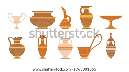 Various ceramic vases vector illustration set. Ancient greek pottery amphorae. Collection of clay pots silhouettes, old jugs and amphoras - isolated icons on white background. Archaeological finds.