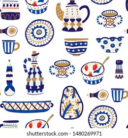 Various ceramics, pottery. Dishes, pot, cup, mug, spoon, plate, jug, bowl. Ethnic ornament. Hand drawn vector seamless pattern. Colored trendy illustration. Flat design. Stamp texture