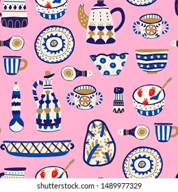 Various ceramics, pottery. Dishes, pot, cup, mug, spoon, plate, jug, bowl. Ethnic ornament. Hand drawn vector seamless pattern. Colored trendy illustration. Flat design. Pink background