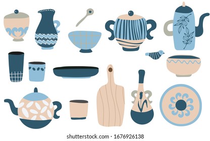 Various ceramics, pottery. Dishes, pot, cup, mug, spoon, plate, jug, bowl. Hand drawn vector set. Colored trendy illustration. Flat design. Elements are isolated