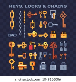 Various chain and vintage keys pixel art 80s style icon set. Golden key and lock isolated vector illustration. Decorative element design template for logo, web, app, sticker. Game assets 8-bit sprite.