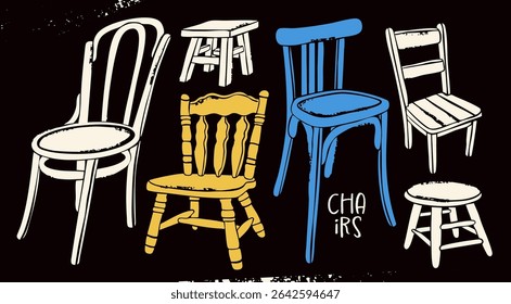 Various Chairs, furniture set. Traditional, elegant dining setting, tall short chair, stool, wood decor. Different positions. Hand drawn Vector illustration. Isolated design elements. Wooden aesthetic