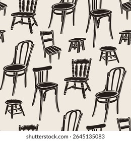 Various Chairs, furniture set. Traditional, elegant dining setting, tall short chair, stool, wood decor. Different positions. Hand drawn Vector illustration. Wooden aesthetic. Square seamless Pattern