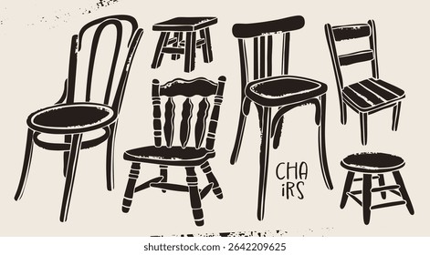 Various Chairs, interior set. Traditional, elegant dining setting, tall short chair, stool, wood decor. Different positions. Hand drawn Vector illustration. Isolated design elements. Wooden aesthetic