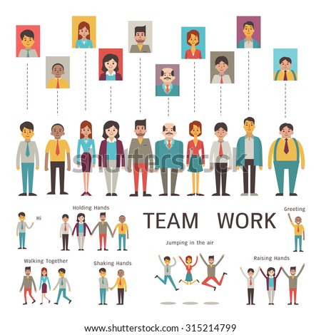 Various character of businesspeople in concept of teamwork, partnership, togetherness, company. Multi-ethnic, diverse, male and female. Flat design in simple style.