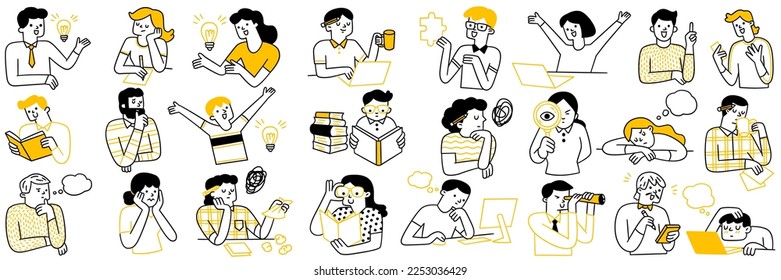Various character doodle illustration of people finding creative ideas concept, thinking, reading, find solution or knowledge, imagination. Outline, linear, thin line art, hand drawn sketch.  