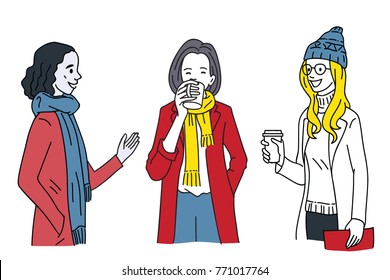 Various character of female office workers, dressed in winter season fashion style, having break time, relaxed, drinking coffee, chatting. Multi-ethnic. Outline, linear, thin line art, hand drawn.