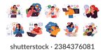 Various character illustration of people finding creative ideas concept, thinking, reading, find solution or knowledge, imagination