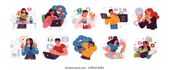 Various character illustration of people finding creative ideas concept, thinking, reading, find solution or knowledge, imagination