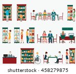 Various character of people in Bookstore or library with bookshelves isolated on white, adult and teenager, business people and wheel chair of disabled woman , vector illustration.