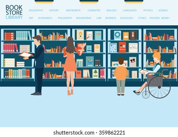 Various character of people in Bookstore or library with bookshelves, adult and teenager, business people and wheel chair of disabled woman, vector illustration.