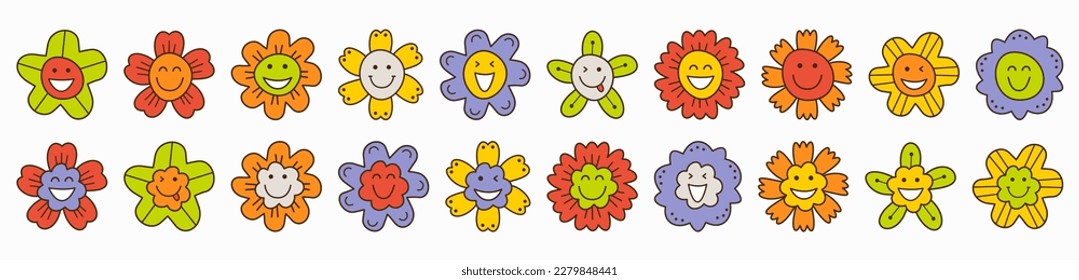 Various characters, cheerful flowers. Cute icons, funny mascots, floral clipart. Cartoon vector  illustration
