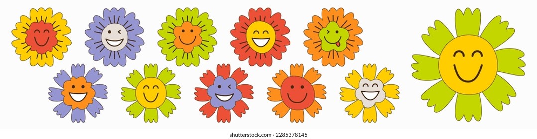 Various characters, cheerful flowers. Illustration people, giggly mascots, blooming. Simple print for fabric, packaging
