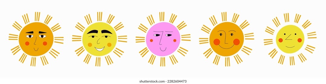 Various characters, cheerful suns. Head shapes, different stickers, children game concept. Cartoon vector  illustration
