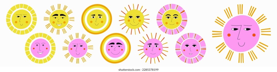 Various characters, cheerful suns. Illustration people, giggly mascots, sunshine clipart. Simple print for fabric, packaging
