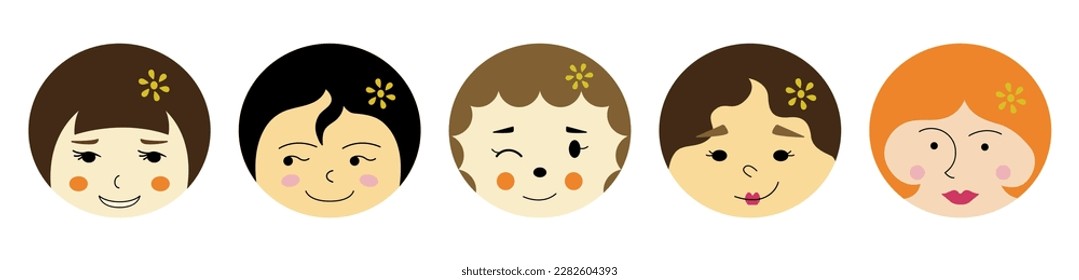 Various characters, comely girlish faces. Head shapes, different stickers, girl guise. Cartoon vector  illustration
