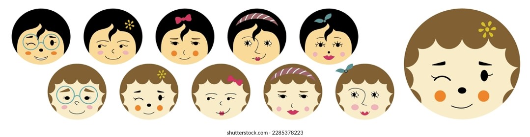 Various characters, comely girlish faces. Illustration people, giggly mascots, women portrait. Simple print for fabric, packaging
