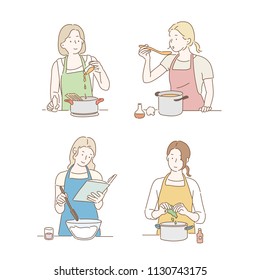 Various characters cooking women. hand drawn style vector design illustrations.