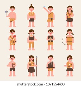 Various characters of cute primitive tribe. flat design style vector illustration set