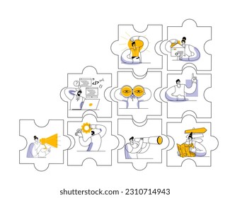 Various characters are doing business in the puzzle pieces. Vector illustration on the topic of interaction between departments and teamwork.