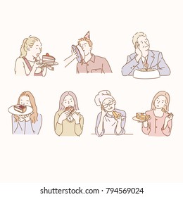 Various characters eating cake. hand drawn style vector doodle design illustrations.