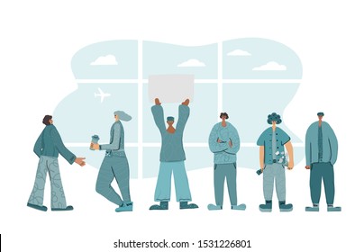 Various characters going to meet someone in the arrivals hall. People at the airport waiting the arrival of flight. Vector flat illustartion.