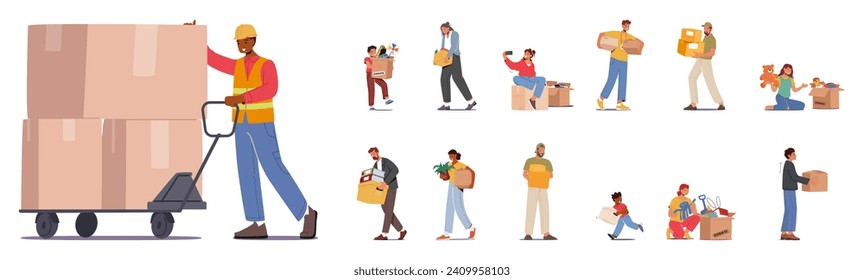 Various Characters, Including A Cargo Loader With A Manual Trolley, A Dismissed Employee With Personal Belongings, A Child With Toys, And A Volunteer, Each Holding Distinct Boxes. Vector Illustration