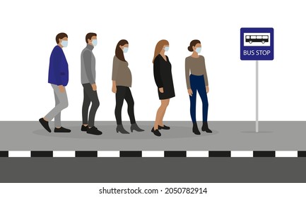 Various characters in medical masks stand on the sidewalk near the bus stop sign