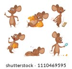 Various characters of mice in action poses. Mouse animal, rat rodent cheerful with cheese, vector illustration