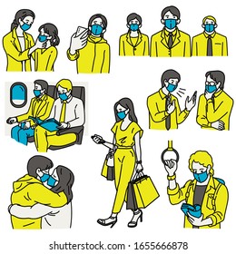 Various characters of people wearing surgical masks, covering mouth, to prevent respiratory virus transmission, Coronavirus outbreak and dust. Outline, thin line art, hand drawn sketch design.  