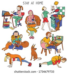 Various characters and pets resting and working from home. Collection of cute funny men and women spending time with their domestic animals. Hand drawn cartoon colorful vector illustration.