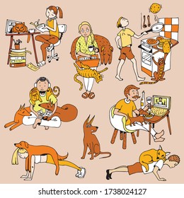 Various characters and pets resting and working from home. Collection of cute funny men and women spending time with their domestic animals. Hand drawn cartoon colorful vector illustration.