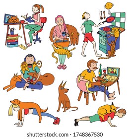 Various characters and pets resting and working from home. Collection of cute funny men and women spending time with their domestic animals. Hand drawn cartoon colorful vector illustration.