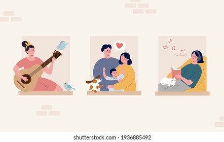 Various characters seen in window, girl playing guitar, lovely family hugging together, and another girl listening to music. Concept of quarantine during covid lockdown.