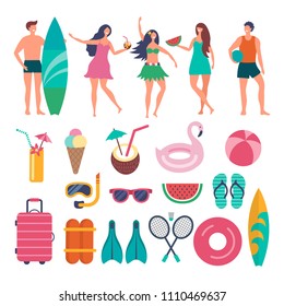 Various characters of summer travellers. Vector illustrations of peoples. Illustration of summertime woman and man, surfboard and cocktail