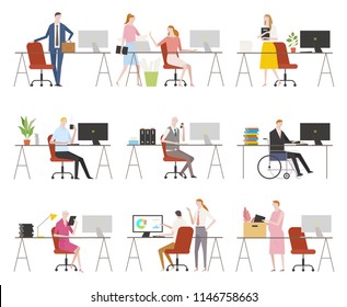 Various characters working in the office. flat design style vector graphic illustration set