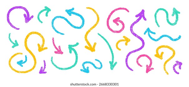 Various charcoal arrows set. Hand drawn brush sketch line, crayon pastel pencil chalk. Vector doodle colorful symbols. Scratched curved strokes and waves