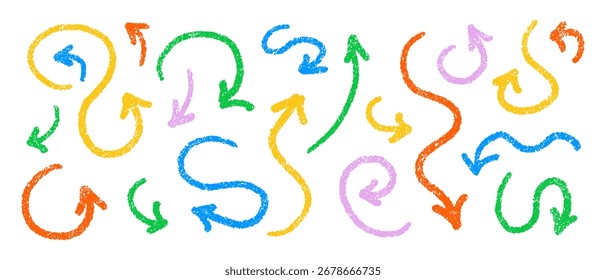 Various charcoal arrows set. Hand drawn brush sketch line, crayon pastel pencil chalk. Vector doodle colorful symbols. Scratched curved strokes and waves
