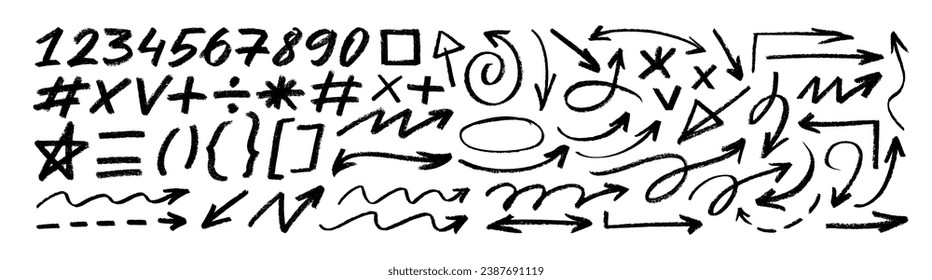 Various charcoal doodle arrows, punctuation elements and numbers collection. Vector pencil curly arrows, texture figures for hand drawn diagrams and infographics. Scribble ovals and curved lines. 