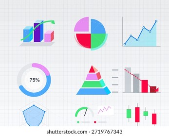 Diversos gráficos muestran tendencias de datos y estadísticas. La pantalla incluye gráficos de barras, gráficos circulares y gráficos de líneas, lo que demuestra el análisis y los informes.