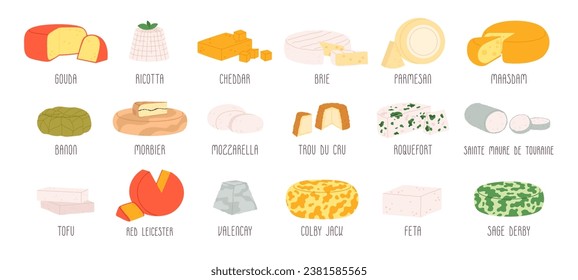 Various cheese collection. Cartoon cheeses for restaurant or market. Isolated dairy products, fresh farm curd delicious racy vector clipart