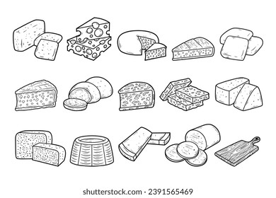 Various cheese element vector hand-drawn outline sketch illustration set