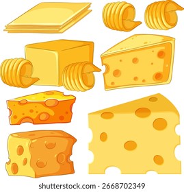 Various cheese forms including slices, blocks, wedges, and curls illustrated in bright, clean vector style with soft shadows and highlights