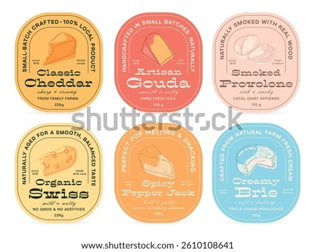 Various cheese labels showcasing artisanal products made from natural ingredients and crafted with care