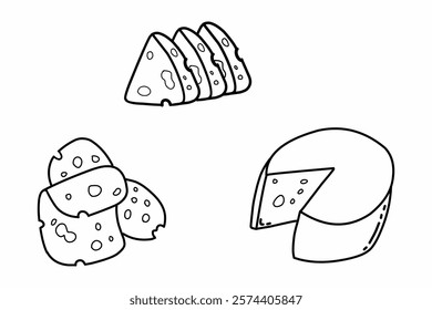 Various cheese simple doodle design. Cheese block, cheese slice. Cheddar. 