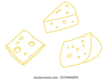 Various cheese simple doodle design. Cheese block, cheese slice. Yellow colored line Cheddar. 
